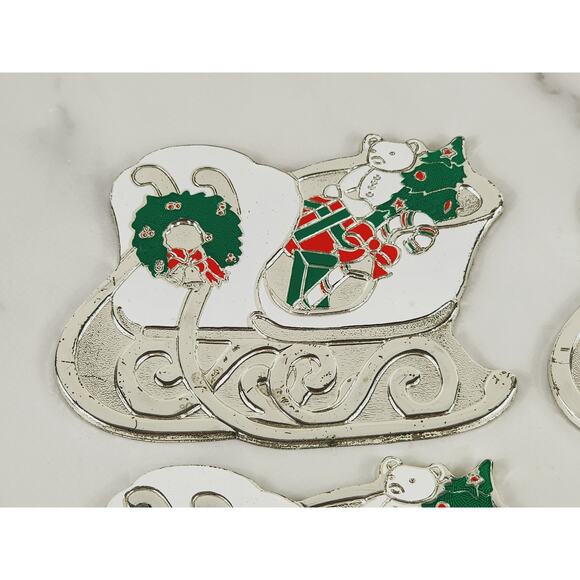 Oneida Rogers Sleigh Coaster 4 1/4" Christmas Holiday 1988 Japan x5 Silverplate - Picture 2 of 13